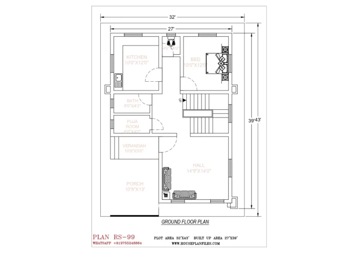 32 * 43 house plan ground floor