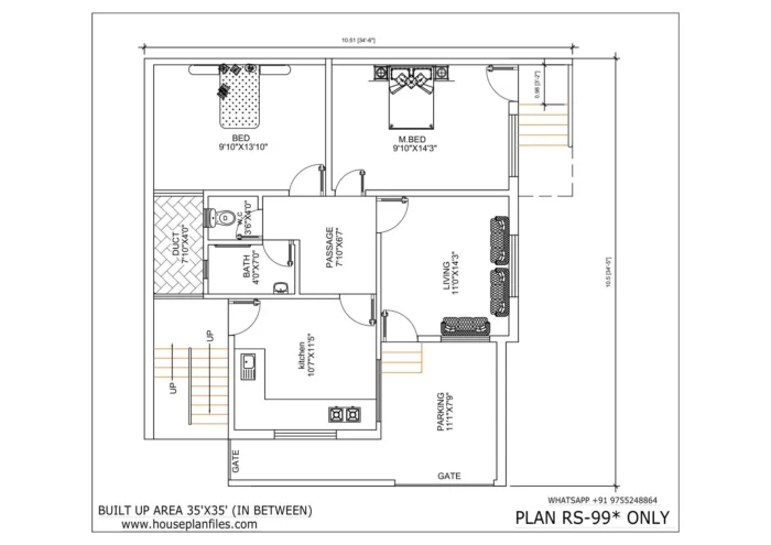 35 * 35 house plan 2bhk