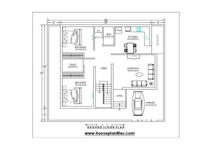 45 * 37 house plan 2 bhk single