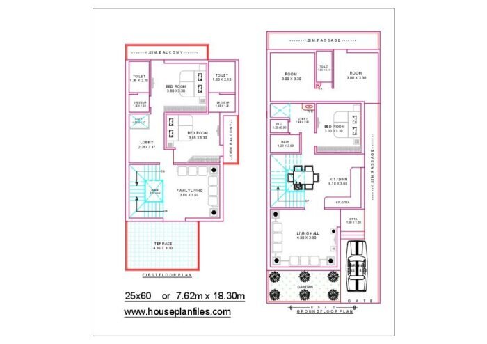 7.60 x 18.30 meter house plan | 25 by 60 home design