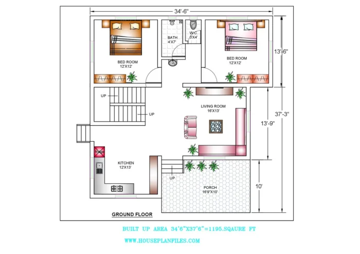 34 * 37 house plan 2bhk