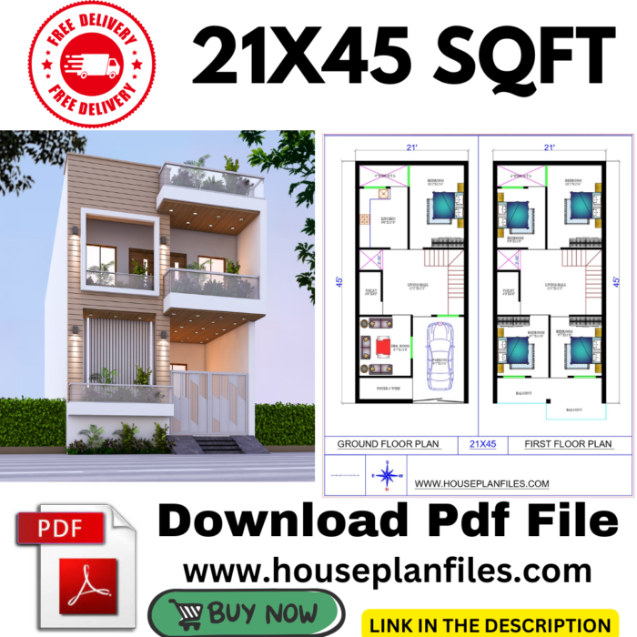 21 * 45 house plan 3d