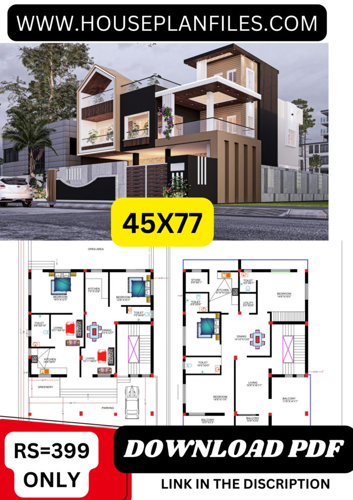 45x77 house plan 3d