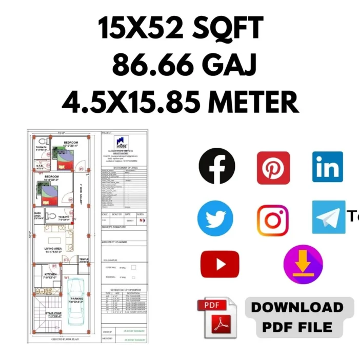 15 * 52 house plan 2 bhk|1 guntha house plan 2bhk | home design in 1 guntha |