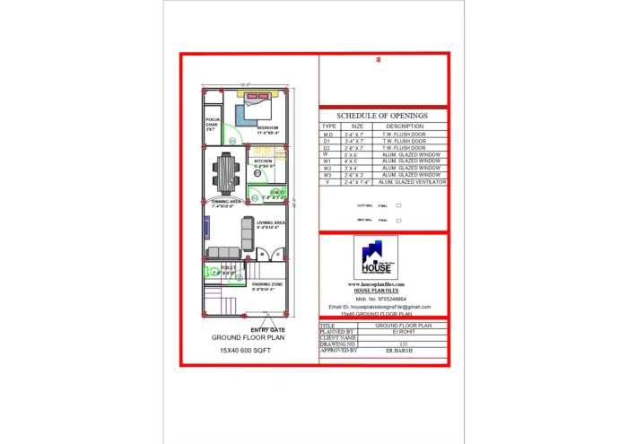 15 by 40 1 bhk house plan