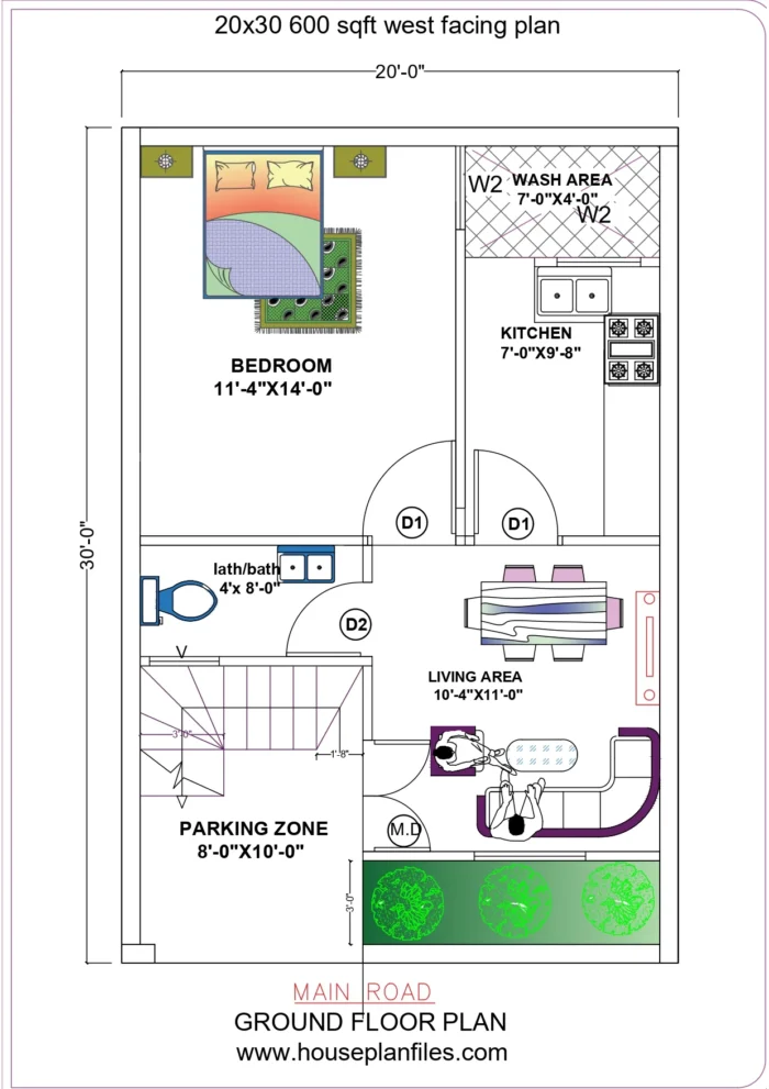 20 x 30 house plan 1bhk