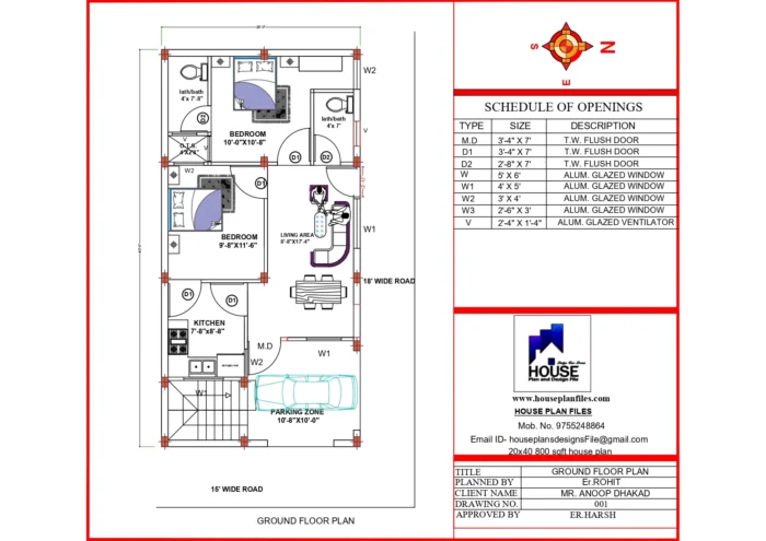 20 * 40 home design 2bhk